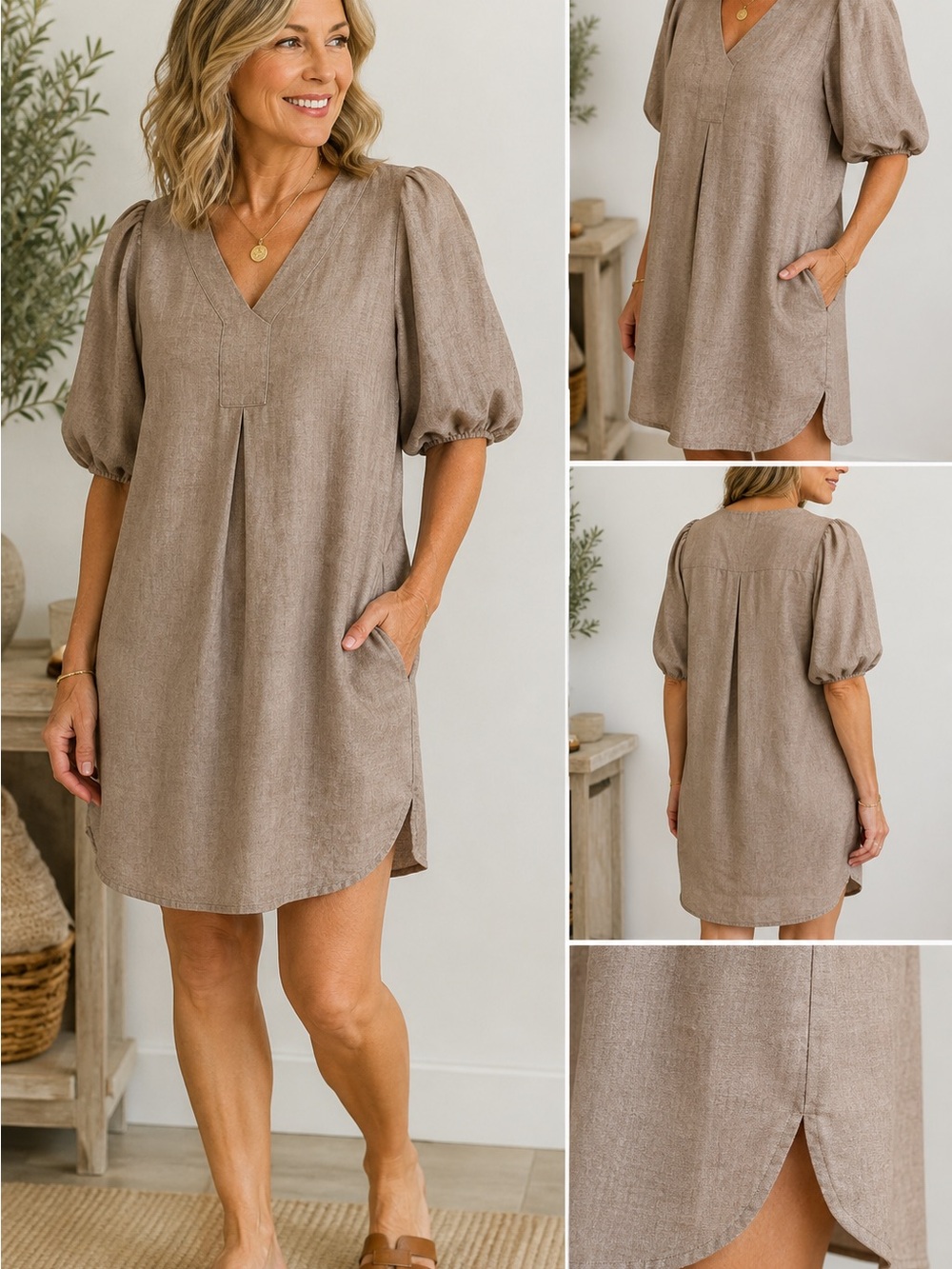 Cynthia Rowley Linen Blend Puff Sleeve Shift Dress Taupe Small